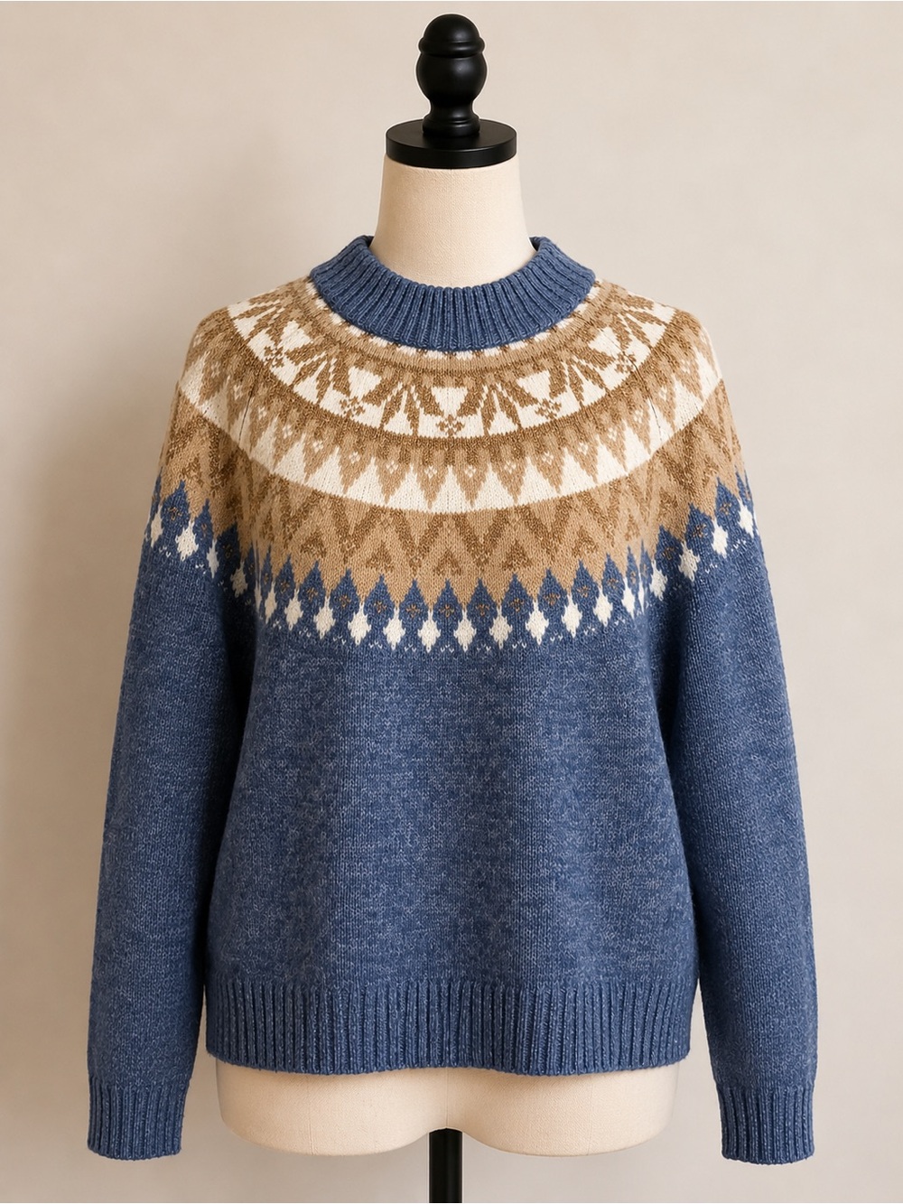 Tommy Hilfiger Fair Isle Metallic Knit Sweater Blue Tan M